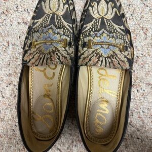 Sam Edelman Women's Black and Gold Embroidered Loafers